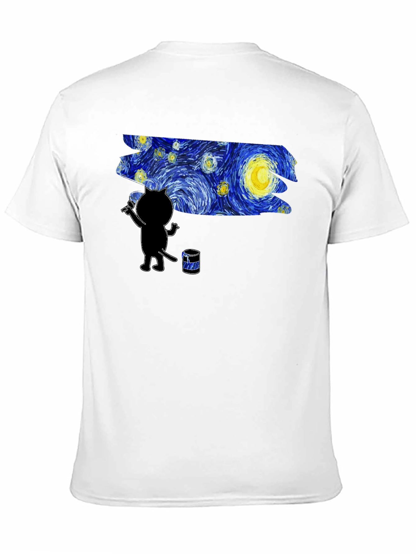 Camiseta Negra Gato Pintando Noche Estrellada