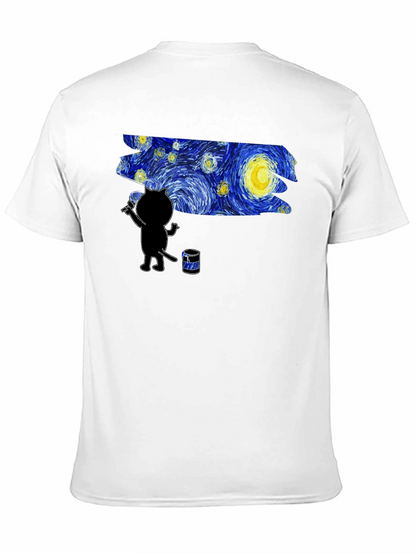 Camiseta Negra Gato Pintando Noche Estrellada