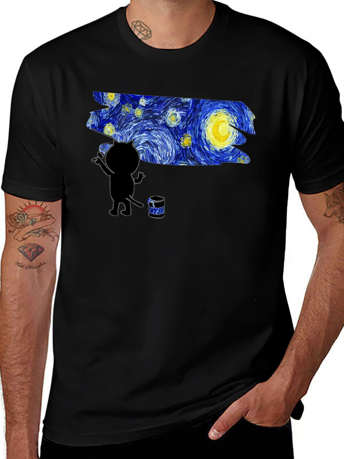 Camiseta Negra Gato Pintando Noche Estrellada