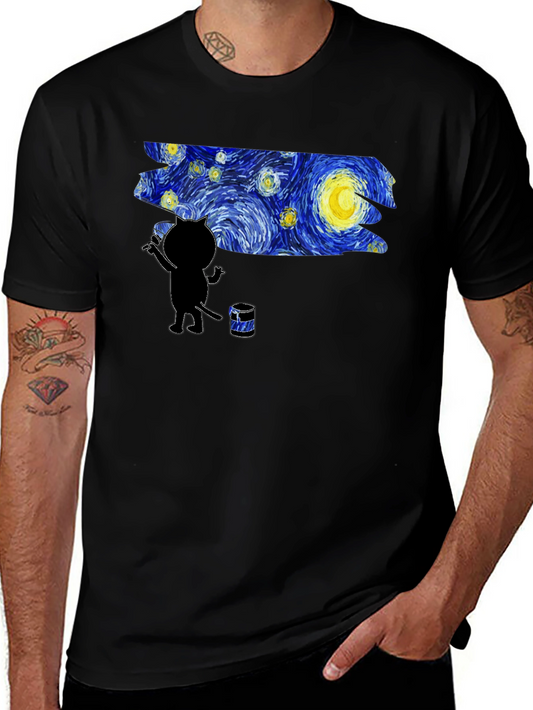 Camiseta Negra Gato Pintando Noche Estrellada