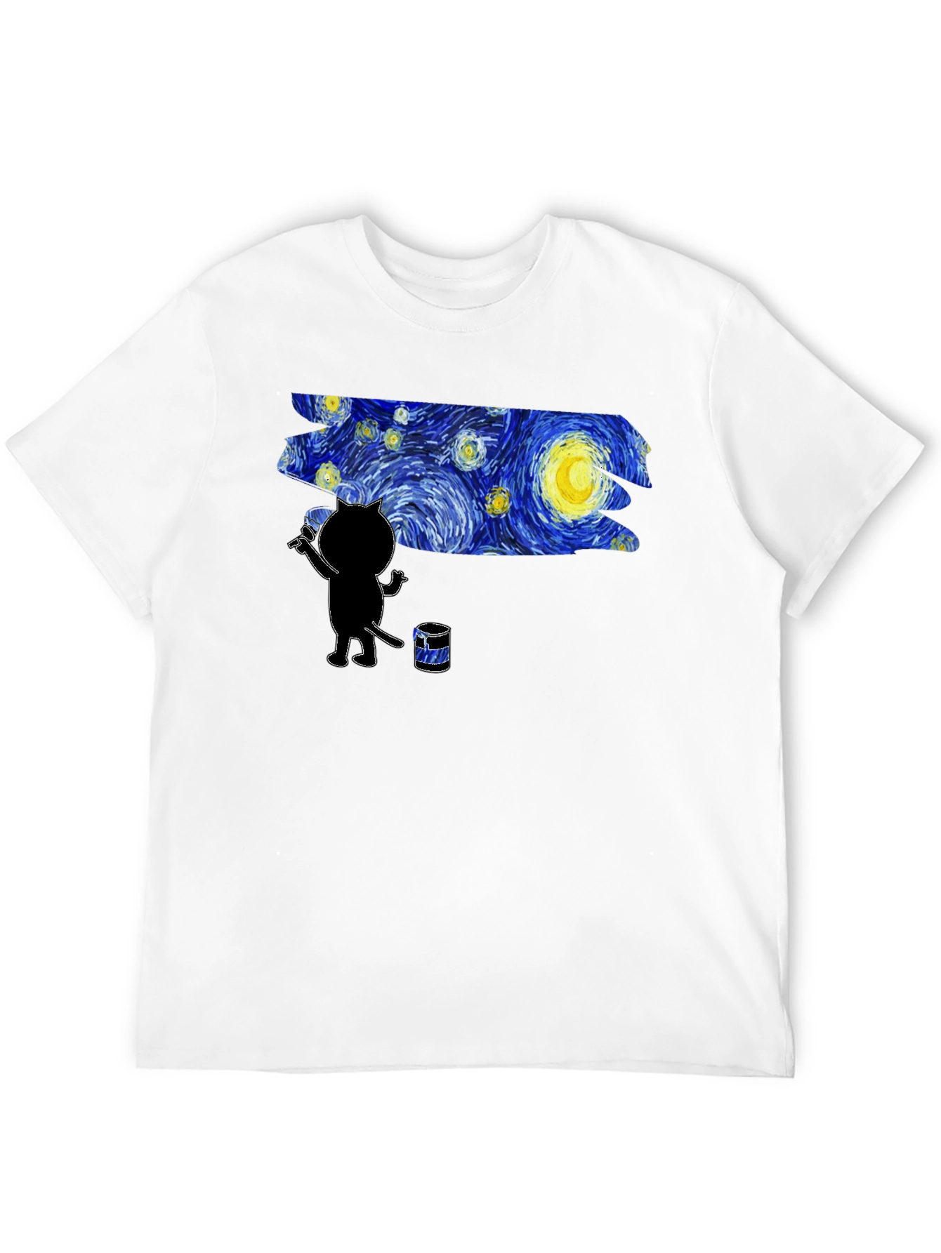 Camiseta Negra Gato Pintando Noche Estrellada