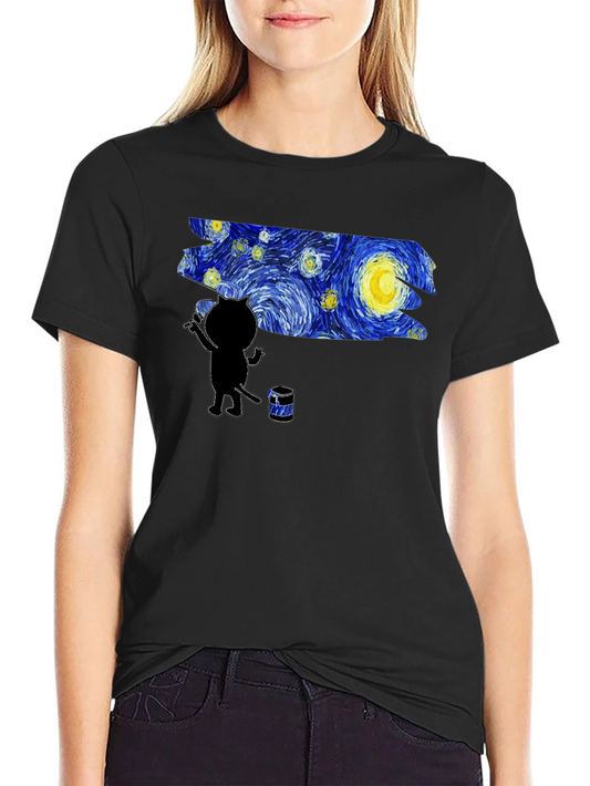 Camiseta Negra Gato Pintando Noche Estrellada