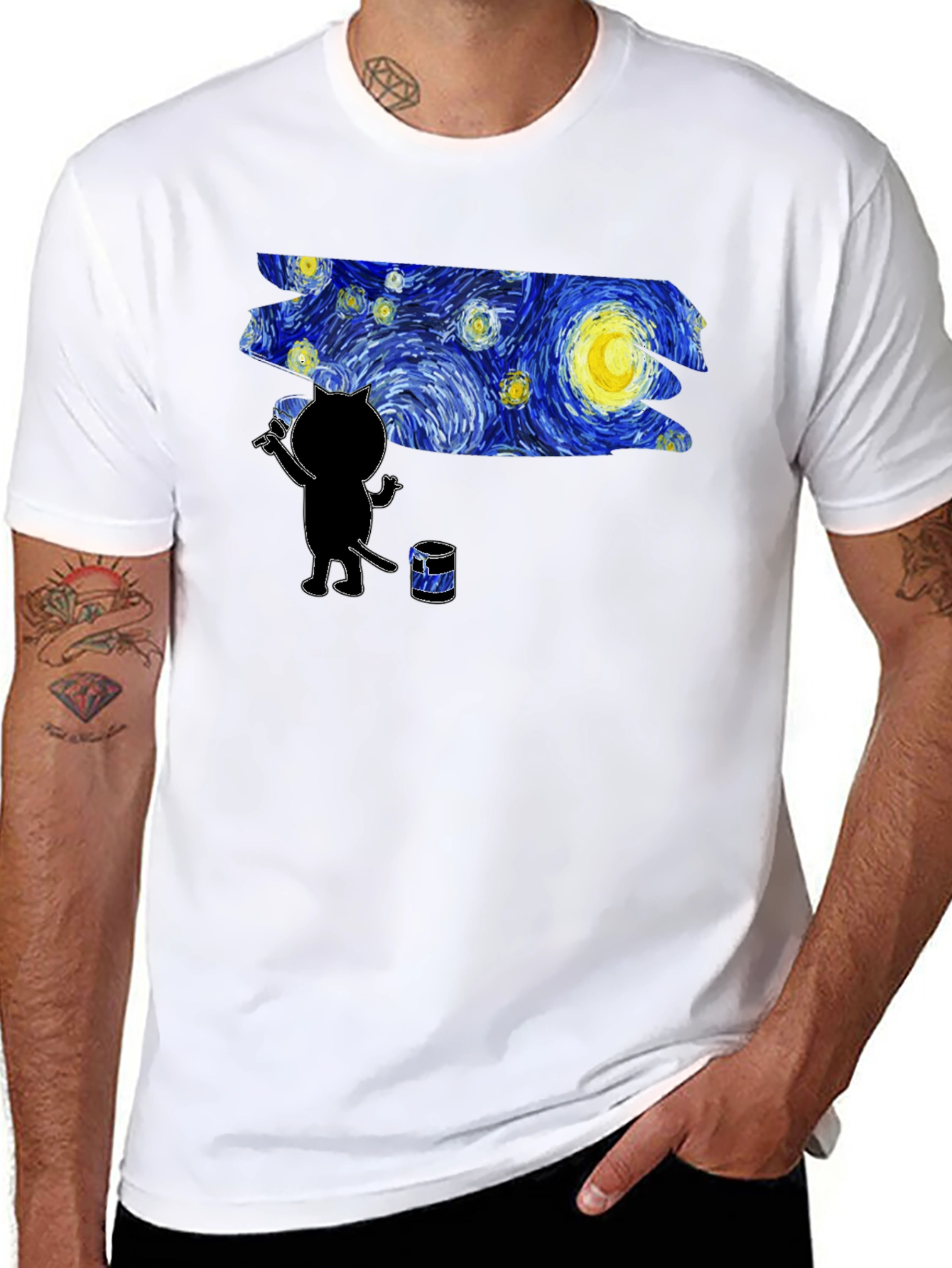 Camiseta Negra Gato Pintando Noche Estrellada