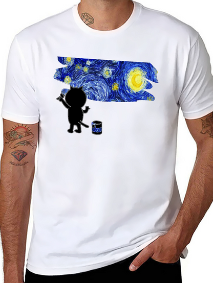 Camiseta Negra Gato Pintando Noche Estrellada