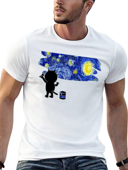 Camiseta Negra Gato Pintando Noche Estrellada