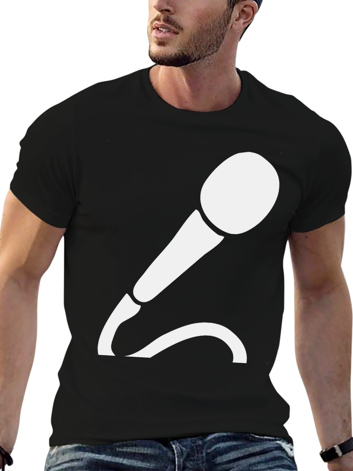 Camiseta Negra con Diseño de Micrófono Blanco