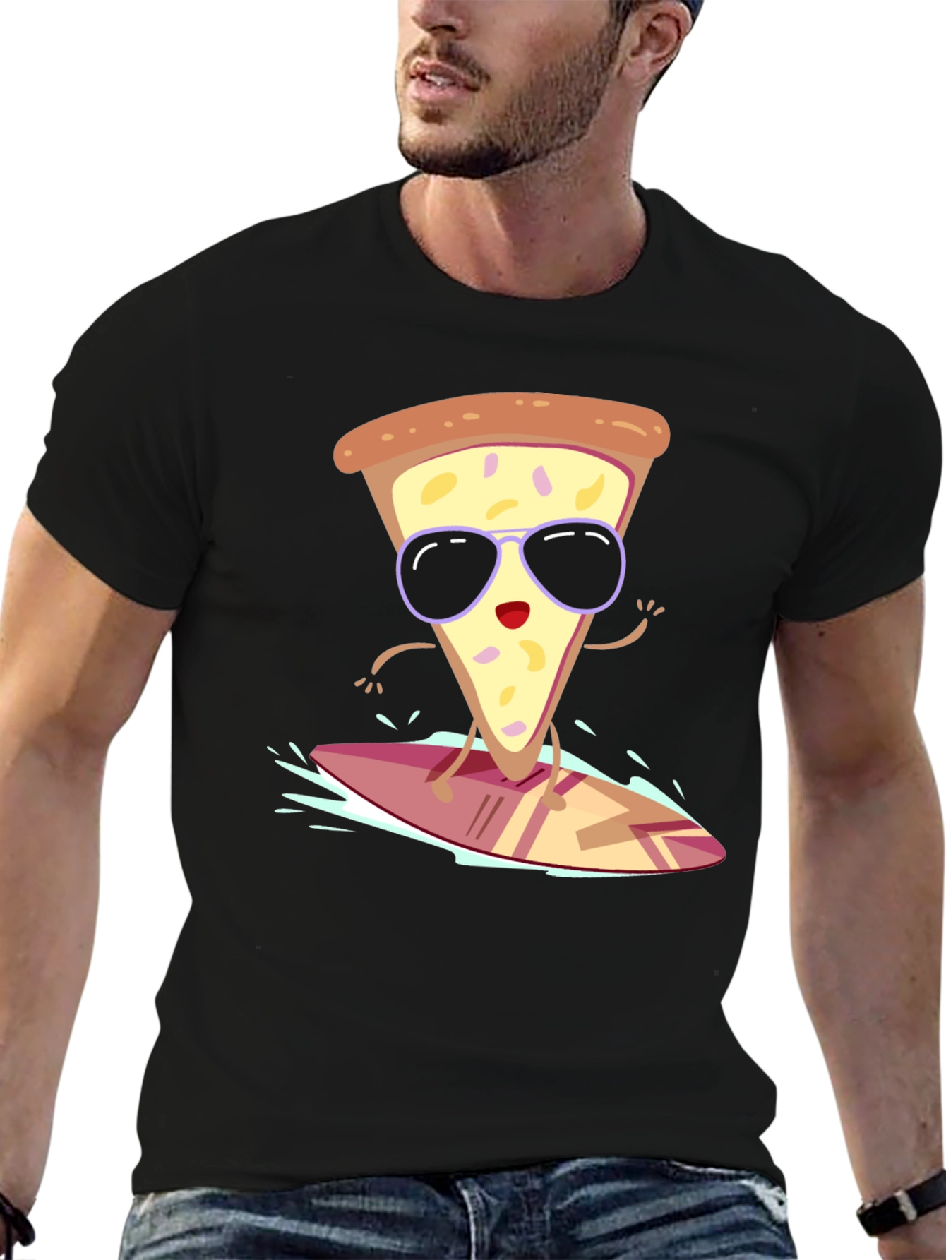 Camiseta Negra con Diseño de Pizza Surfista