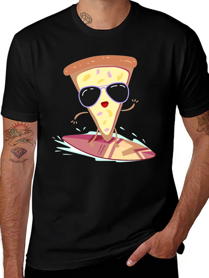 Camiseta Negra con Diseño de Pizza Surfista