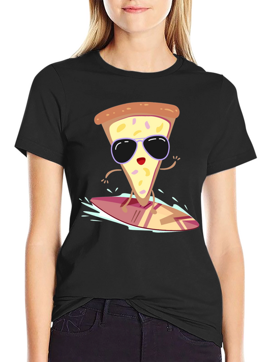Camiseta Negra con Diseño de Pizza Surfista