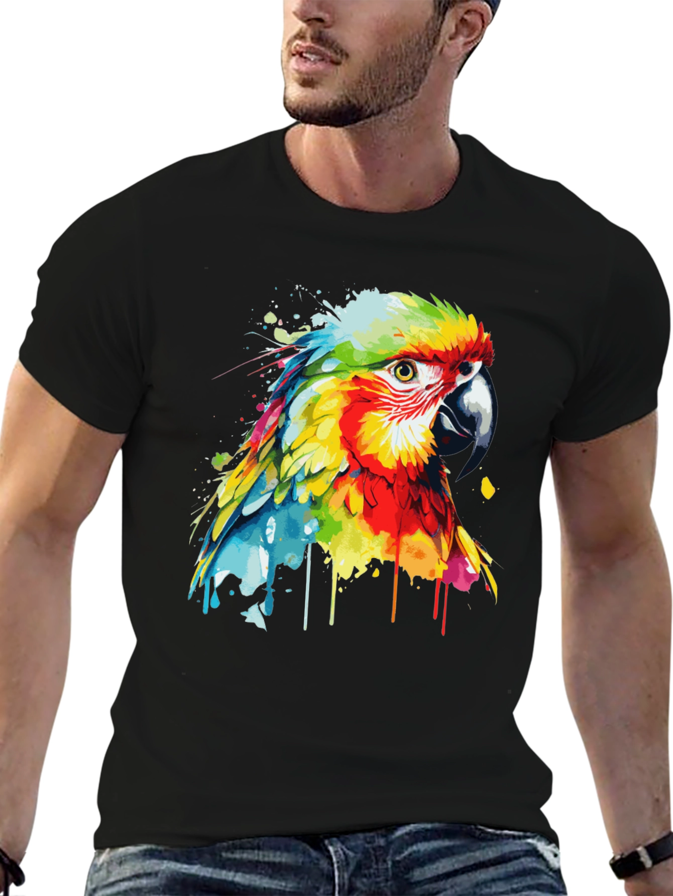 Camiseta Negra con Diseño de Loro Acuarela