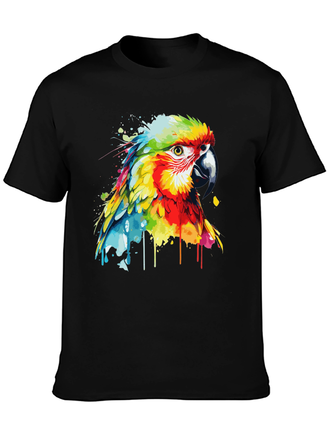 Camiseta Negra con Diseño de Loro Acuarela