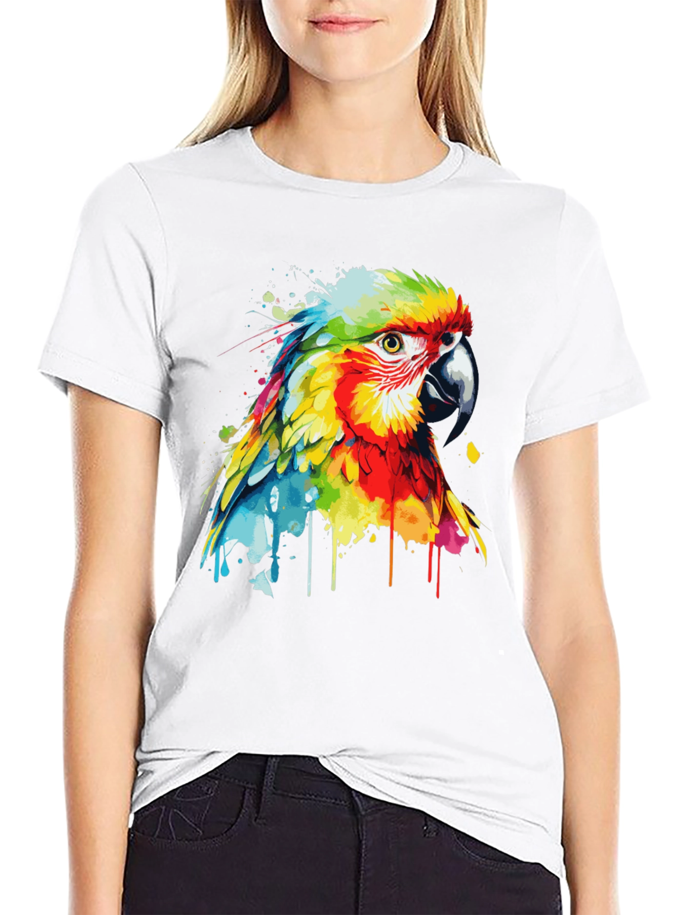 Camiseta Negra con Diseño de Loro Acuarela