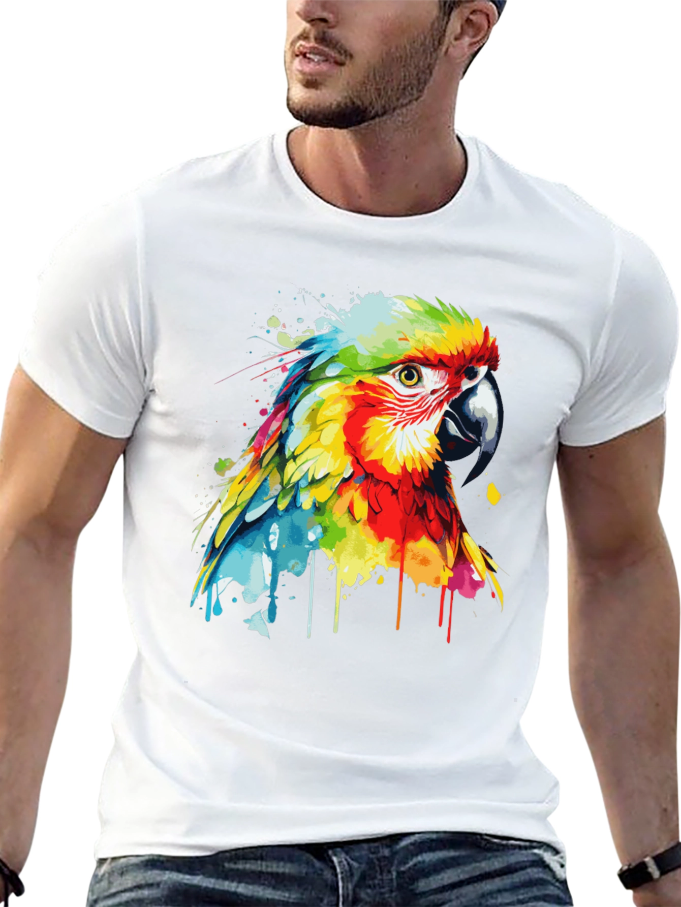 Camiseta Negra con Diseño de Loro Acuarela
