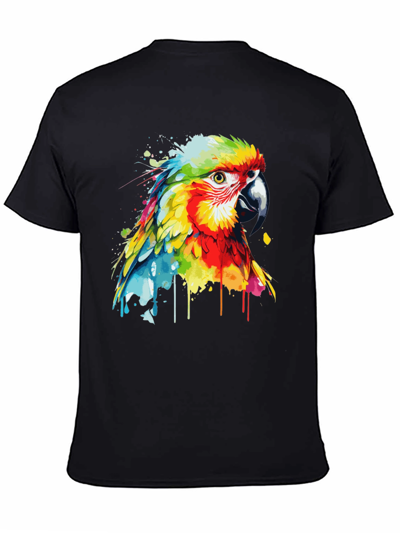 Camiseta Negra con Diseño de Loro Acuarela