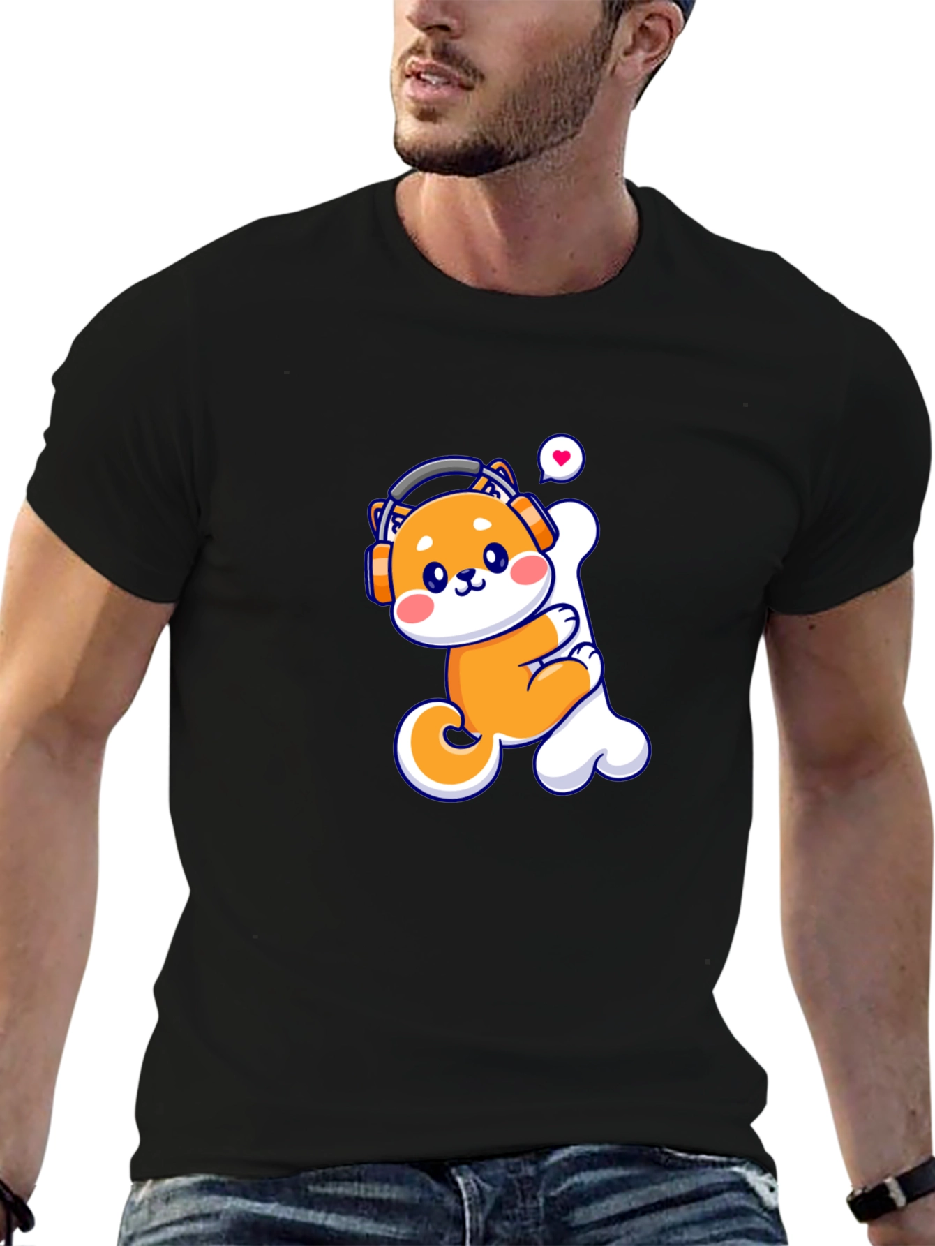 Camiseta Negra con Shiba Inu Amante de la Música