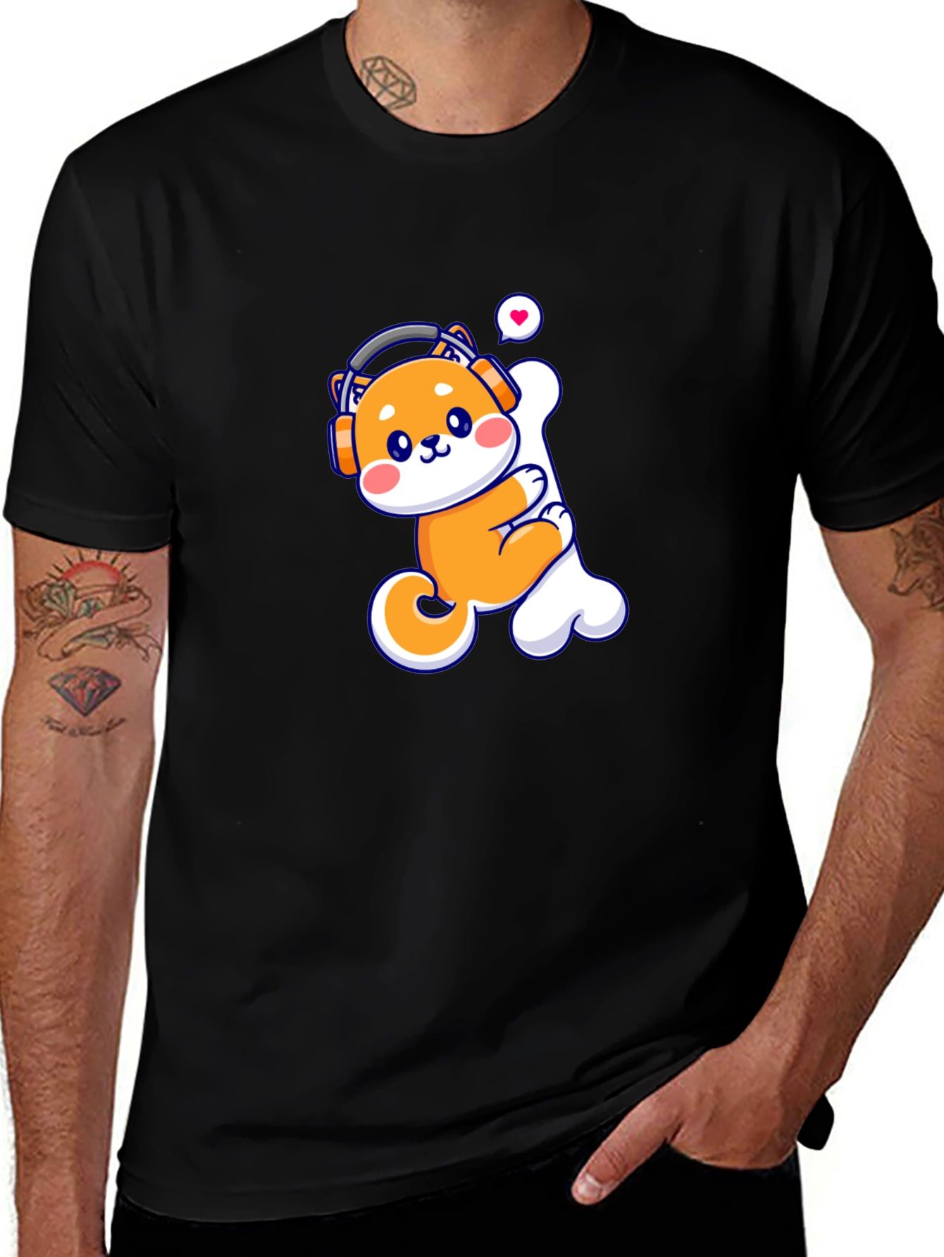 Camiseta Negra con Shiba Inu Amante de la Música