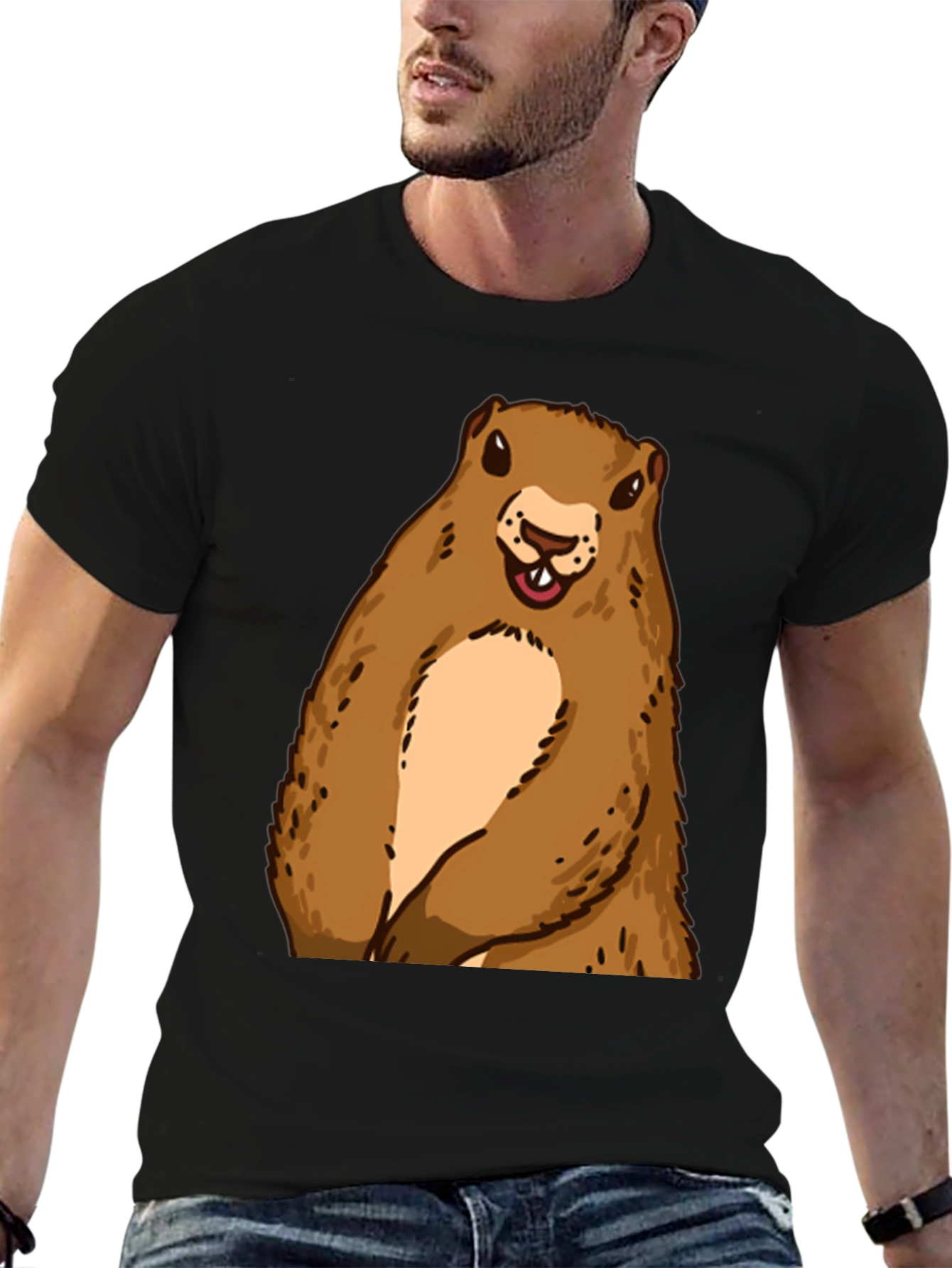 Camiseta Negra con Diseño de Marmota Sonriente