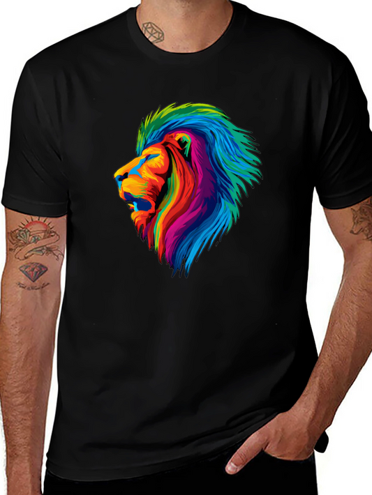 Camiseta Negra con Diseño de León Colorido