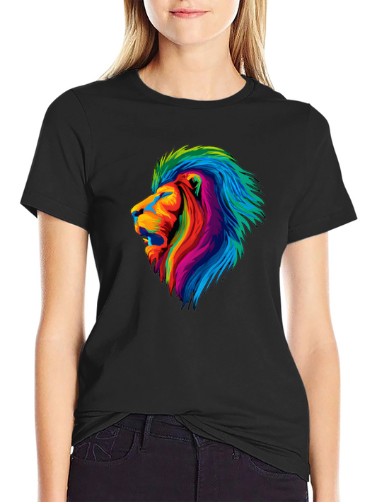 Camiseta Negra con Diseño de León Colorido