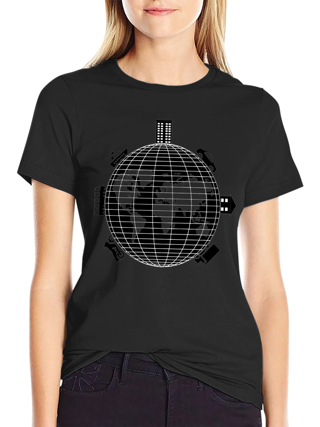 Camiseta Negra con Diseño de Mundo Urbano