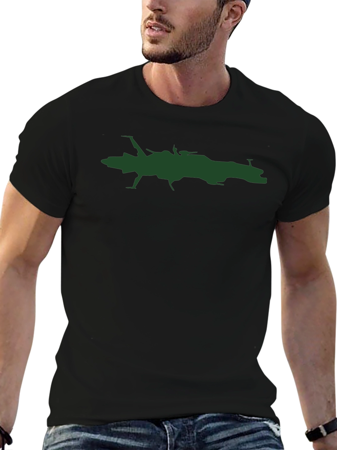 Camiseta Negra con Estampado de Nave Espacial Verde