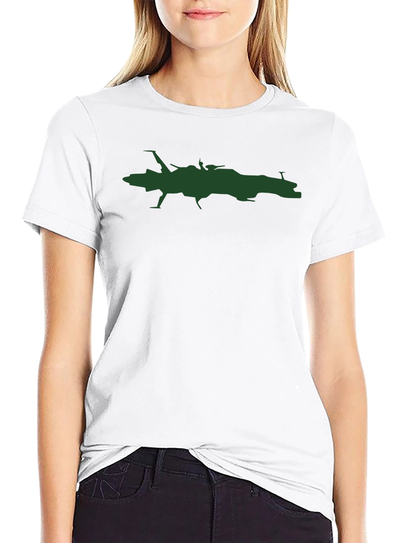 Camiseta Negra con Estampado de Nave Espacial Verde