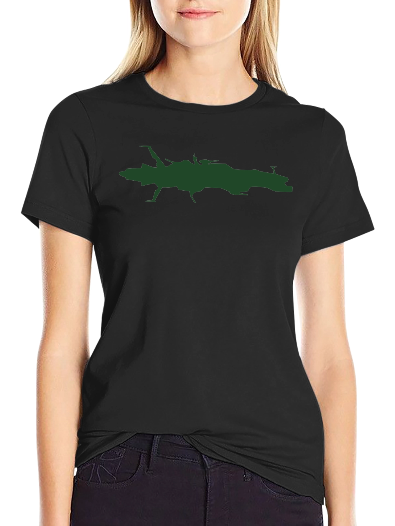 Camiseta Negra con Estampado de Nave Espacial Verde