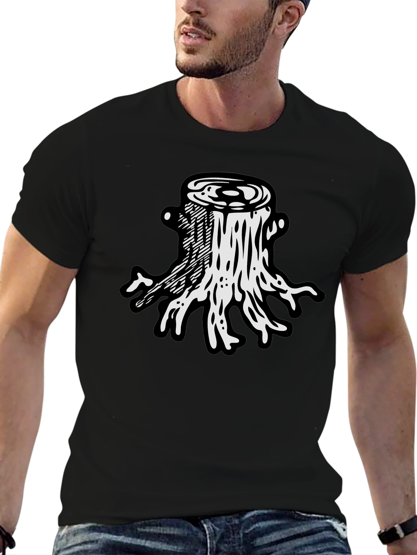 Camiseta Negra Diseño Tocón de Árbol
