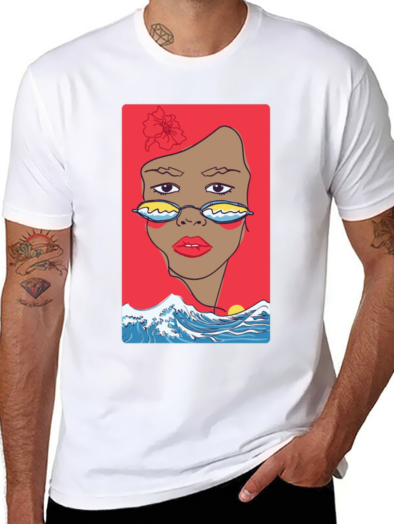Camiseta Negra con Diseño Abstracto de Cara y Olas