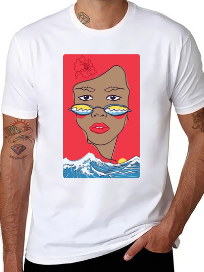 Camiseta Negra con Diseño Abstracto de Cara y Olas