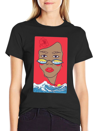 Camiseta Negra con Diseño Abstracto de Cara y Olas