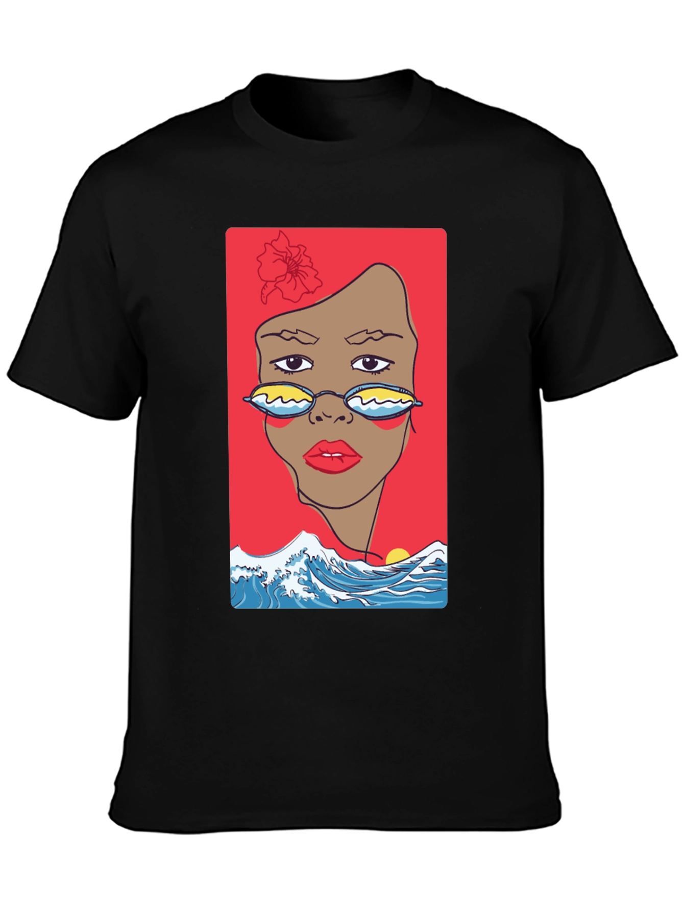 Camiseta Negra con Diseño Abstracto de Cara y Olas