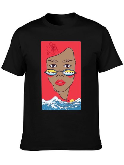 Camiseta Negra con Diseño Abstracto de Cara y Olas