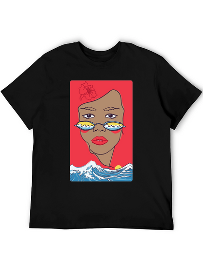 Camiseta Negra con Diseño Abstracto de Cara y Olas