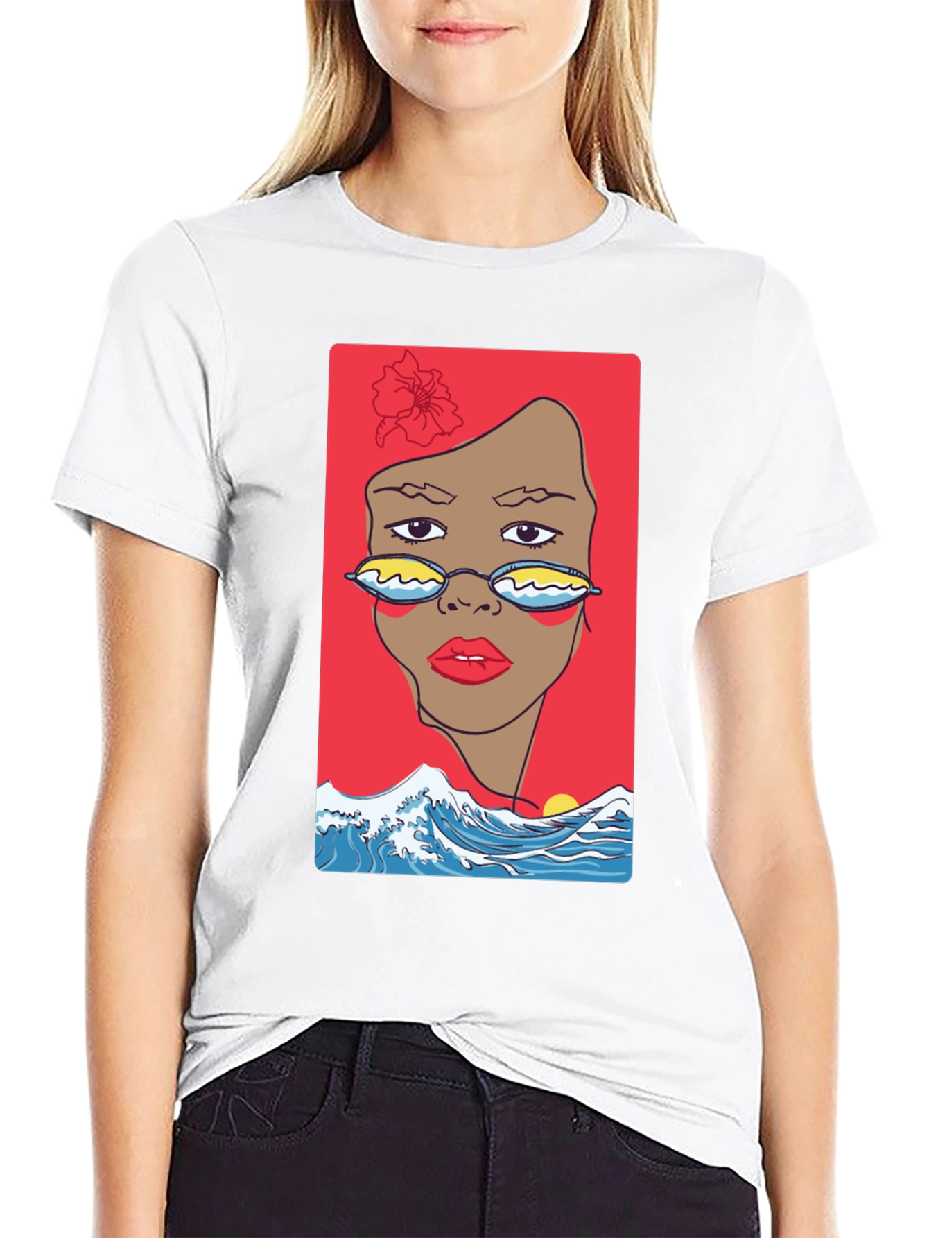 Camiseta Negra con Diseño Abstracto de Cara y Olas