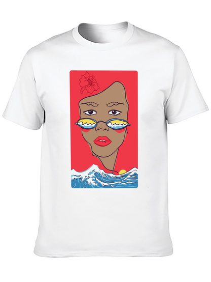 Camiseta Negra con Diseño Abstracto de Cara y Olas