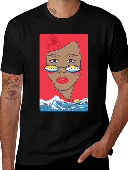 Camiseta Negra con Diseño Abstracto de Cara y Olas
