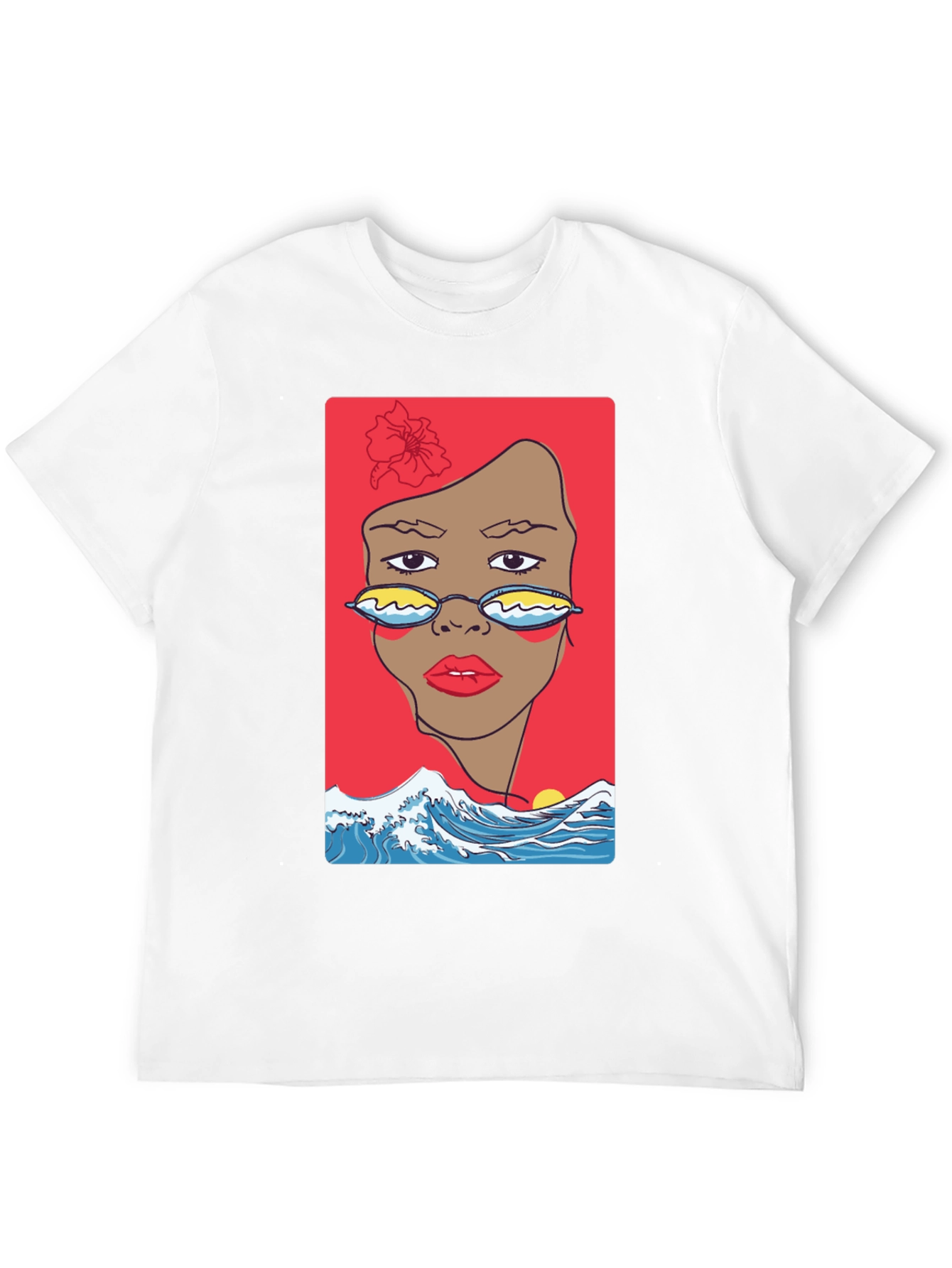 Camiseta Negra con Diseño Abstracto de Cara y Olas
