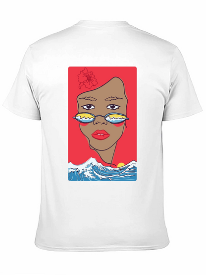 Camiseta Negra con Diseño Abstracto de Cara y Olas