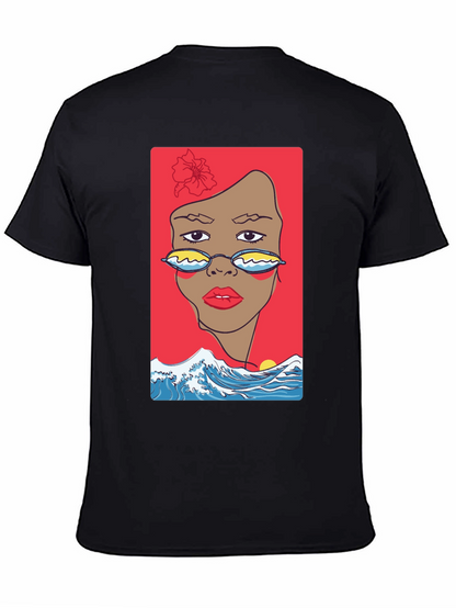Camiseta Negra con Diseño Abstracto de Cara y Olas