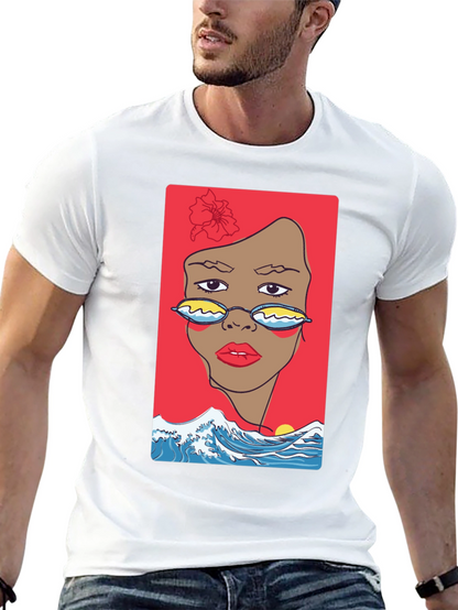 Camiseta Negra con Diseño Abstracto de Cara y Olas
