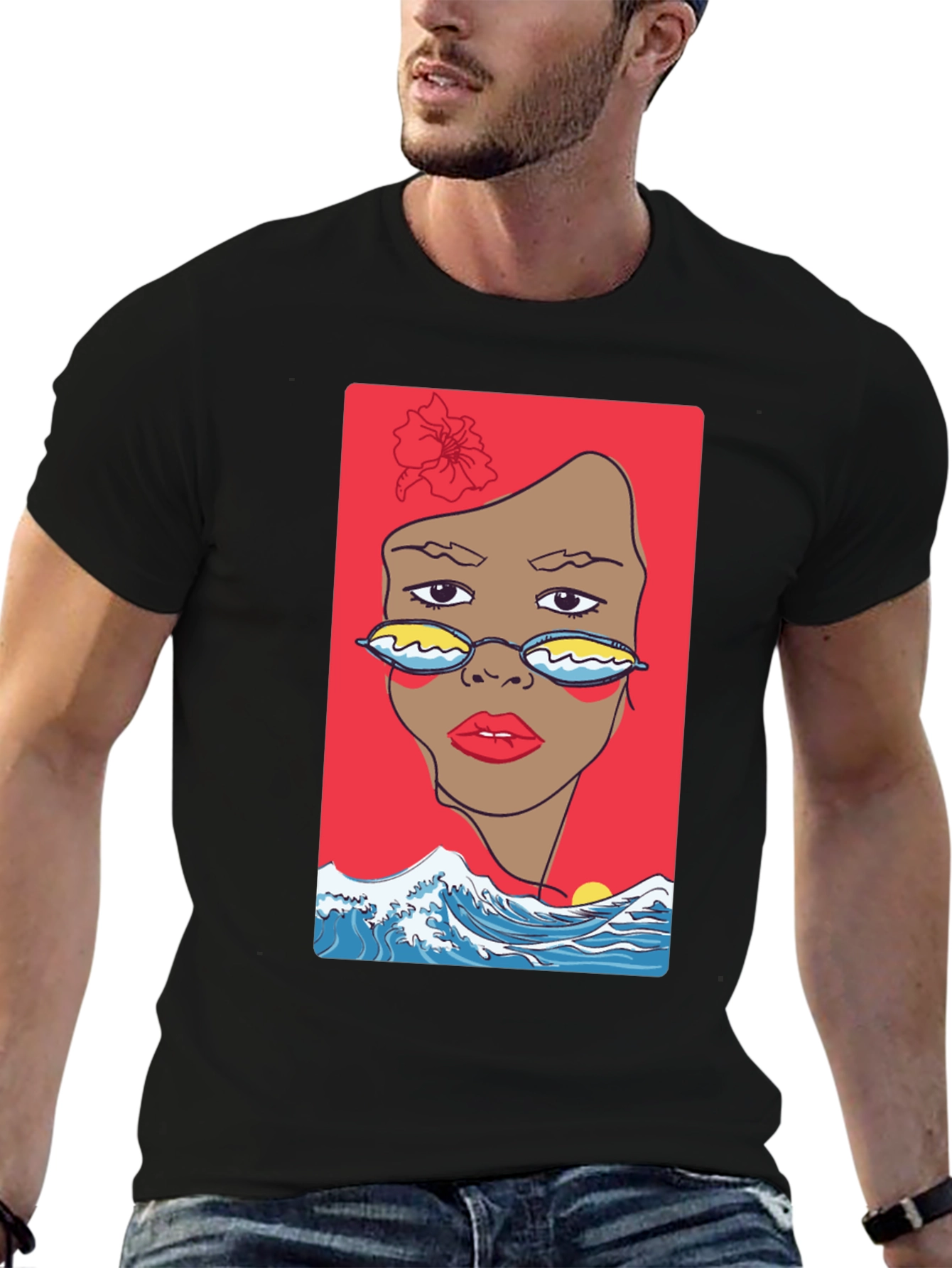 Camiseta Negra con Diseño Abstracto de Cara y Olas