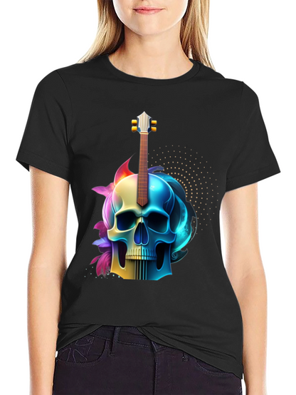 Camiseta Negra con Diseño de Calavera y Guitarra
