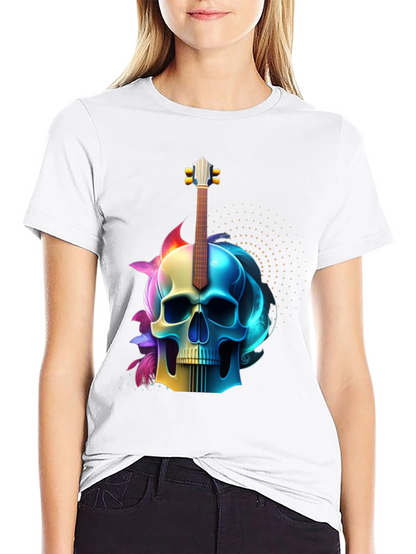 Camiseta Negra con Diseño de Calavera y Guitarra