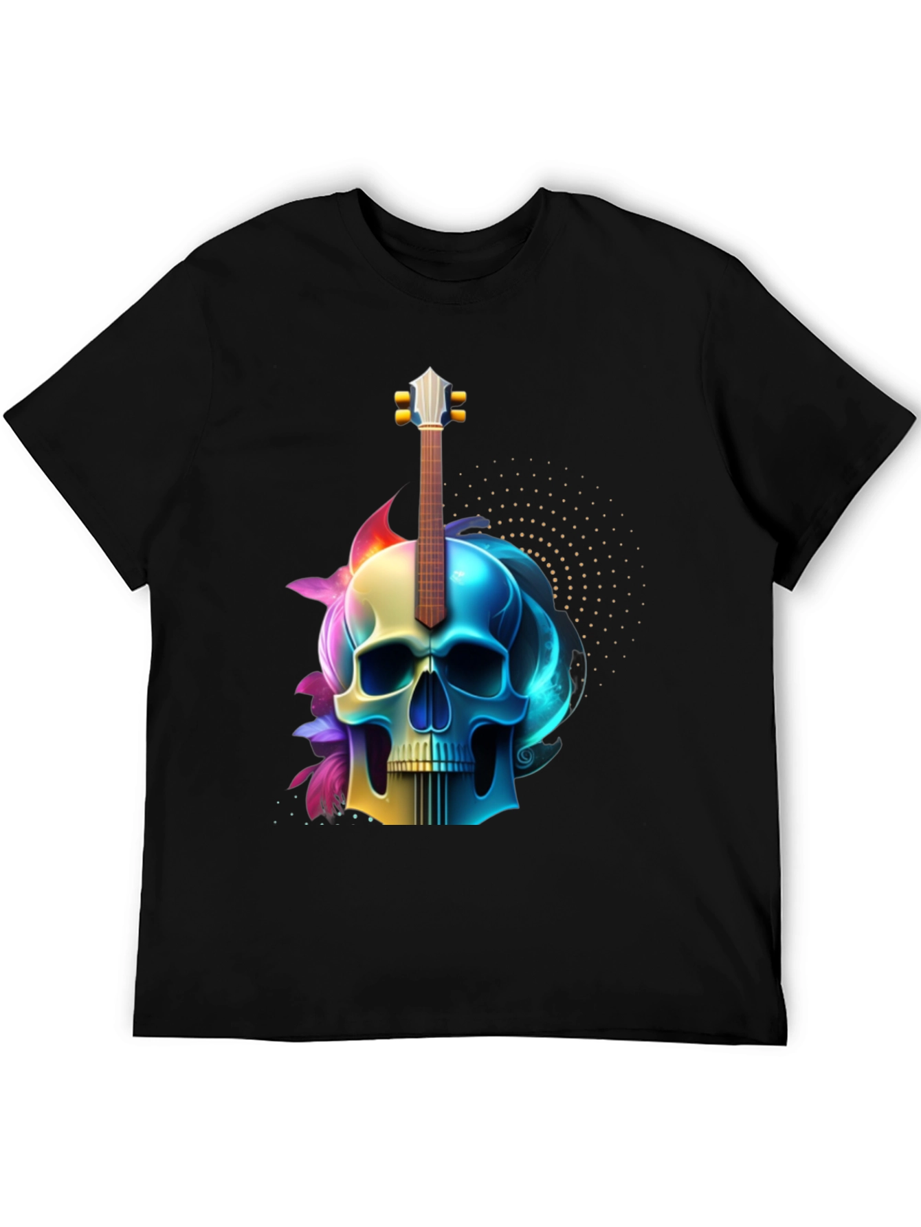 Camiseta Negra con Diseño de Calavera y Guitarra