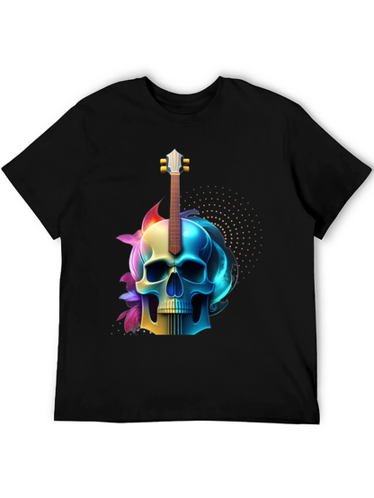Camiseta Negra con Diseño de Calavera y Guitarra