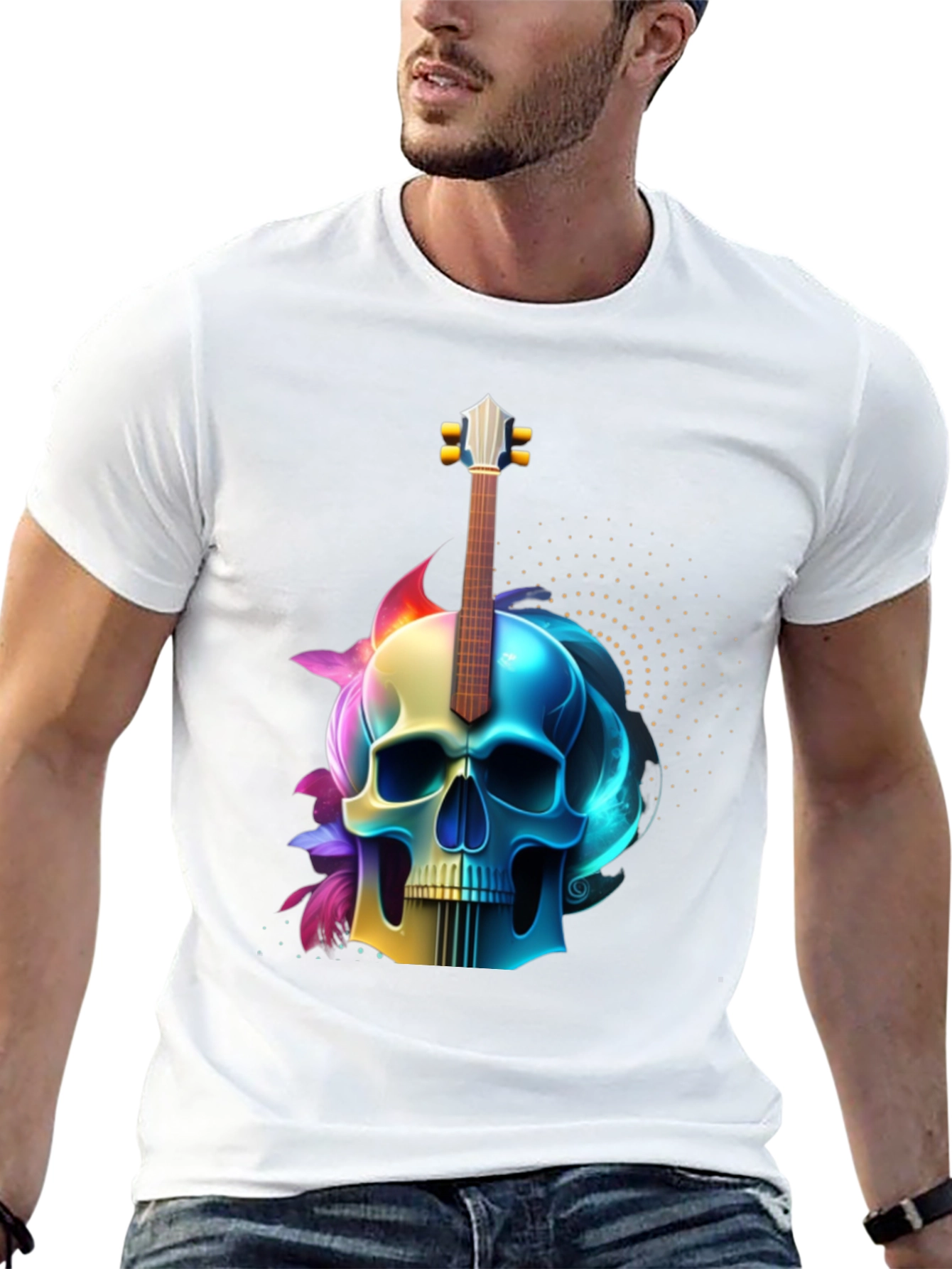 Camiseta Negra con Diseño de Calavera y Guitarra
