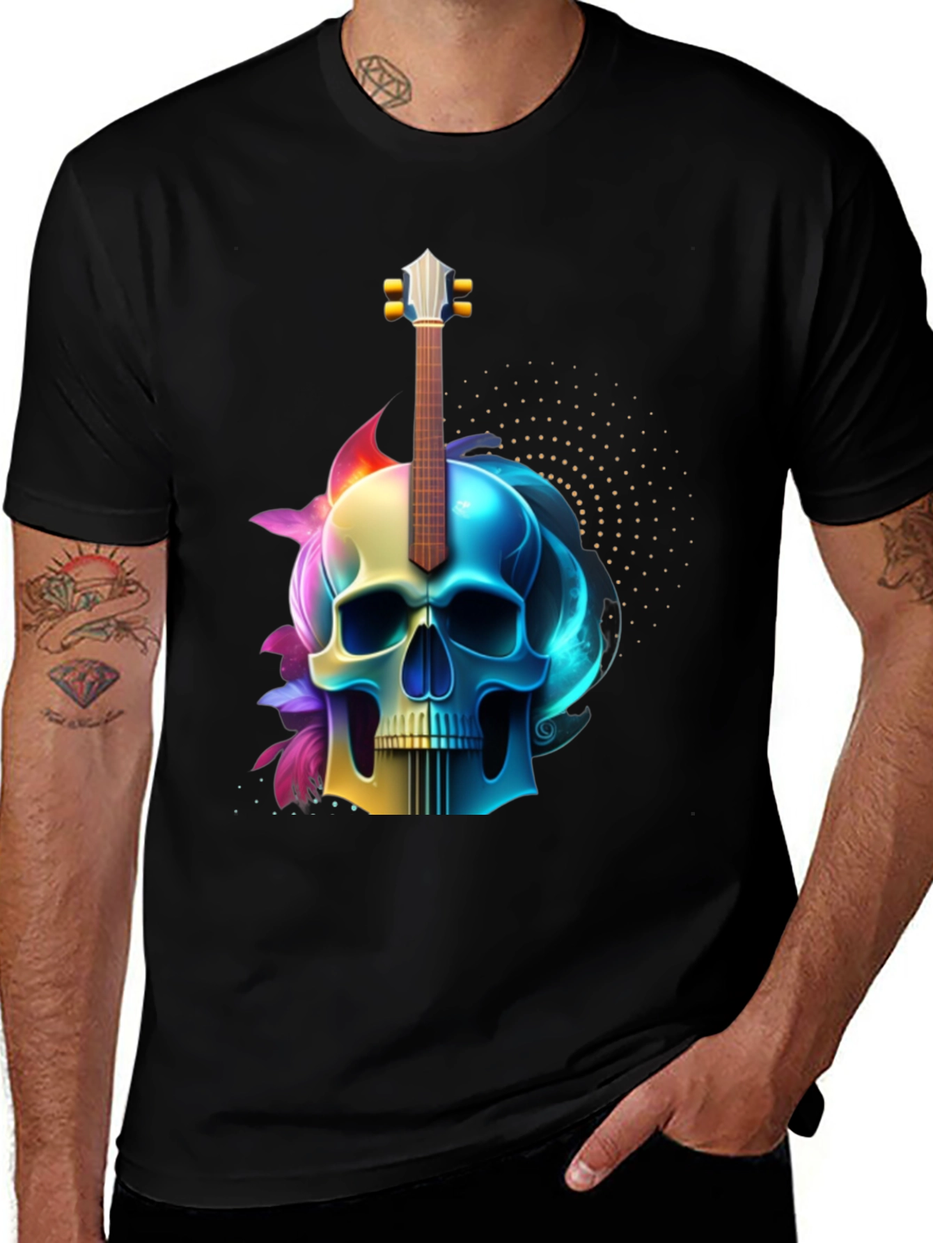 Camiseta Negra con Diseño de Calavera y Guitarra