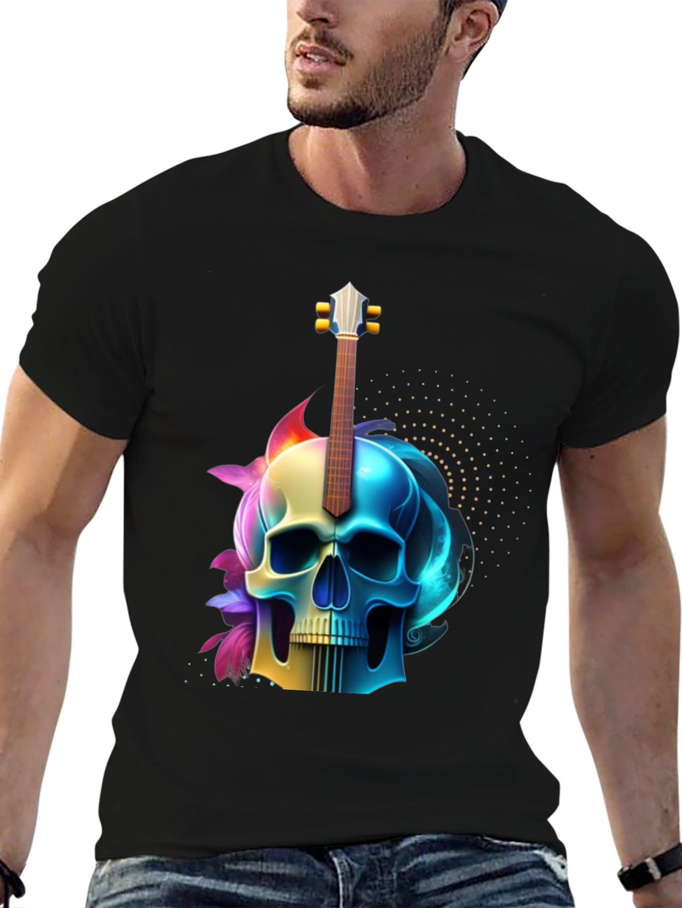 Camiseta Negra con Diseño de Calavera y Guitarra