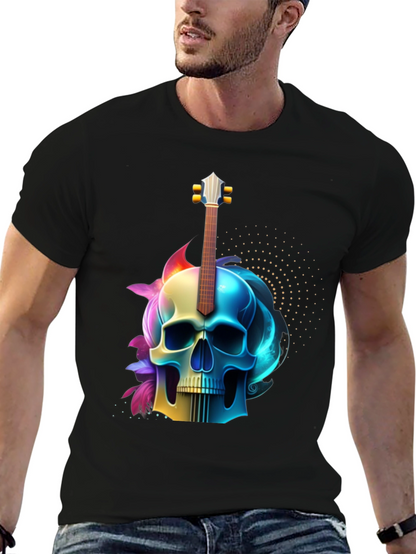 Camiseta Negra con Diseño de Calavera y Guitarra